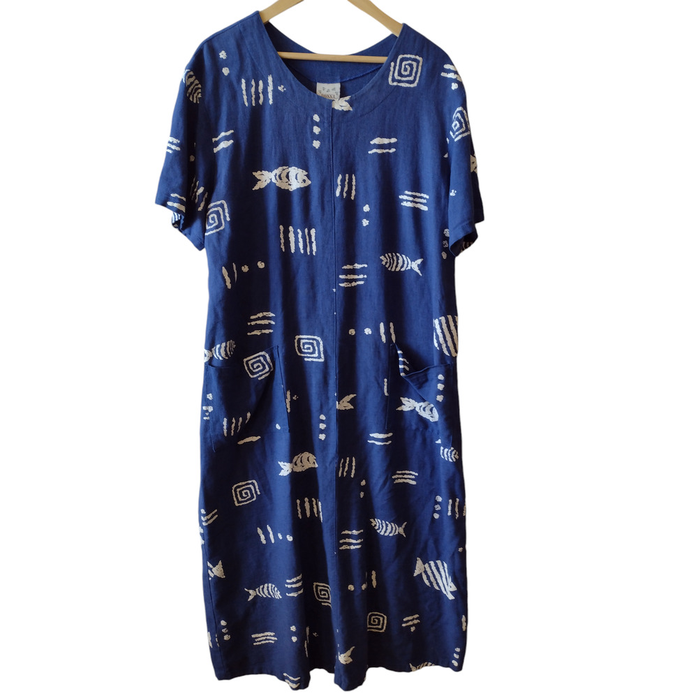 Donna Vintage 100% Linen Maxi Dress Size XL Pockets Navy White Geo Fish Print